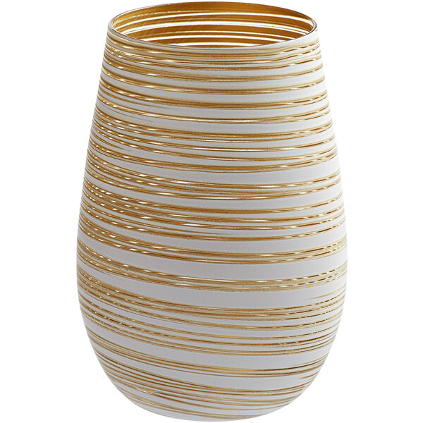 A white vase with gold stripes.