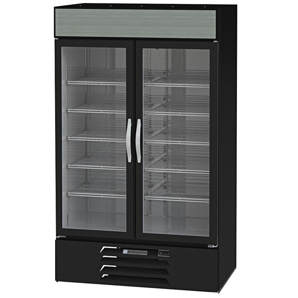 A black Beverage-Air glass door merchandiser with a stainless steel interior.