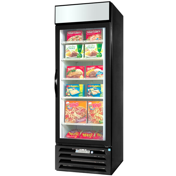 A Beverage-Air black glass door freezer with food on the shelves.