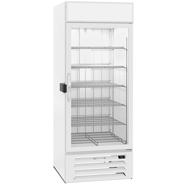 A white Beverage-Air refrigerator with glass doors and shelves.