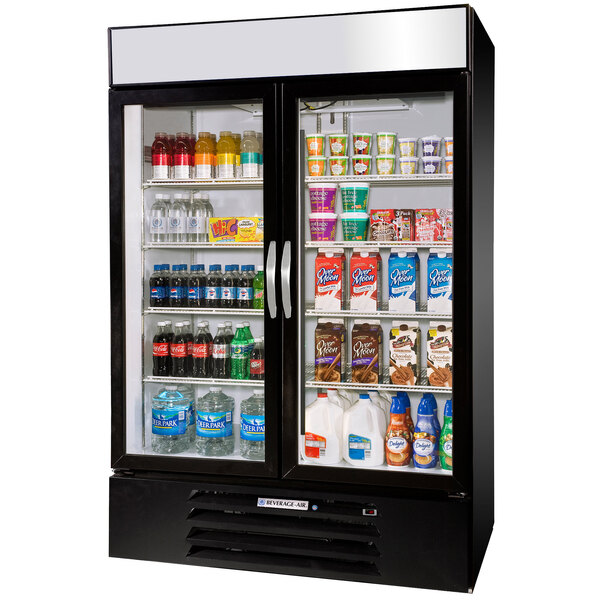 A black Beverage-Air market refrigerator with glass doors filled with drinks and beverages.