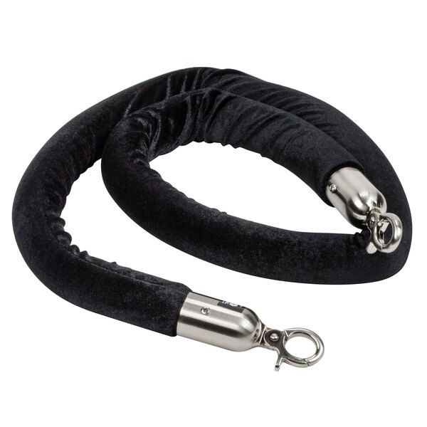 A black velvet rope for crowd control with silver metal ends.