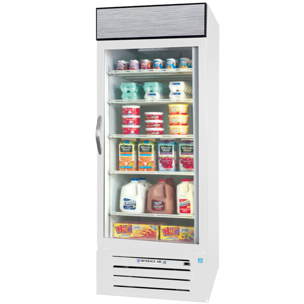 A white Beverage-Air glass door refrigerator full of dairy products.