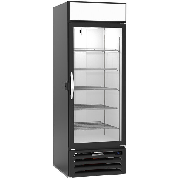 A black Beverage-Air glass door merchandiser with shelves.