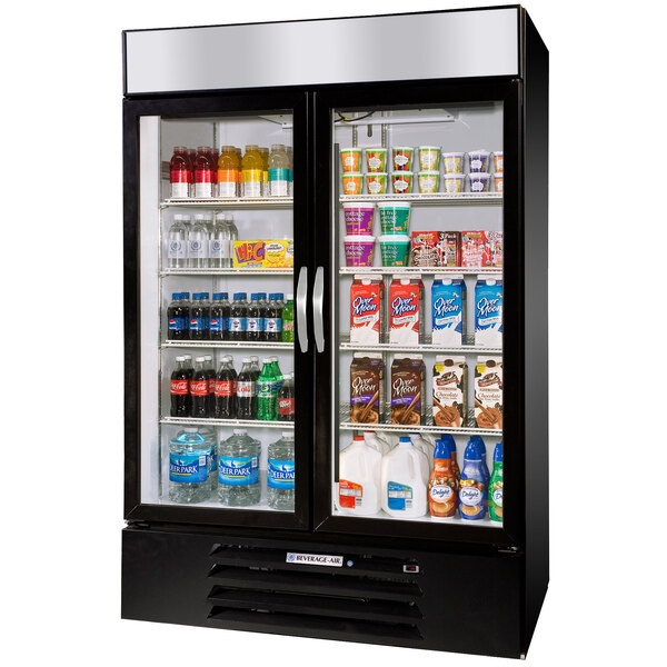 A Beverage-Air black glass door refrigerator filled with drinks and beverages.