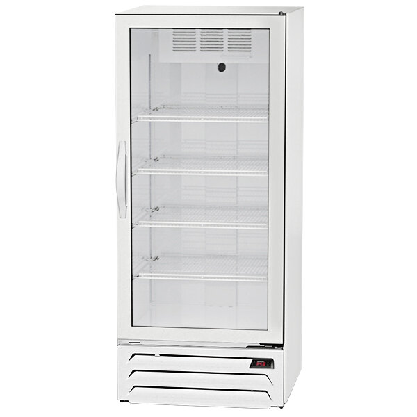 A white Beverage-Air marketmax glass door refrigerator with shelves.