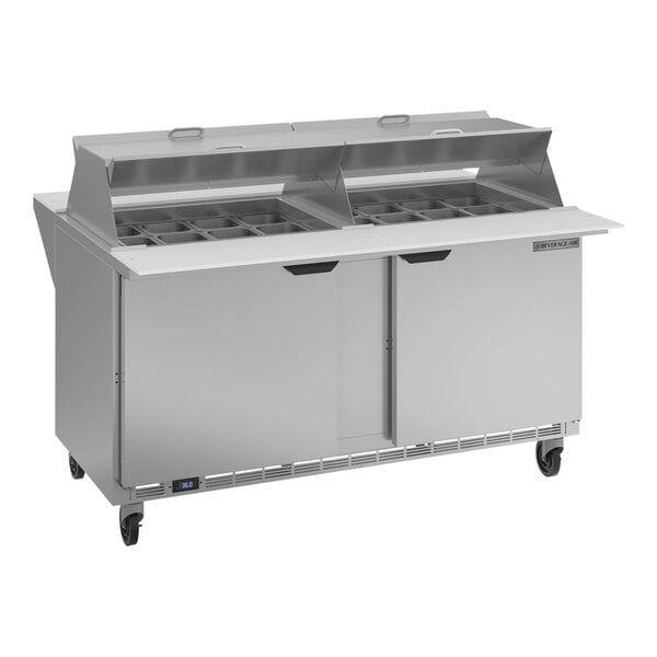 A silver stainless steel Beverage-Air refrigerated sandwich prep table with two doors.