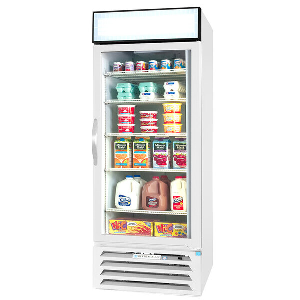 A white Beverage-Air glass door refrigerator with various dairy products inside.