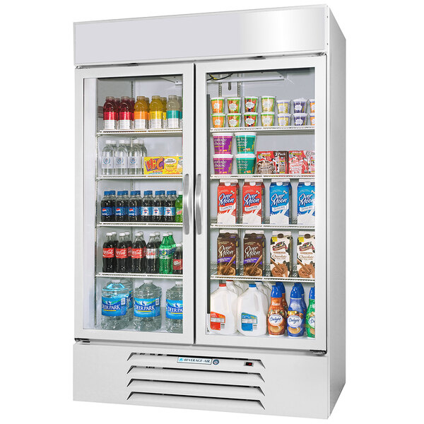 A white Beverage-Air glass door refrigerator filled with drinks.