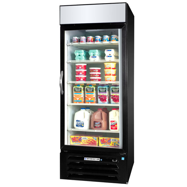 A Beverage-Air black glass door merchandiser with dairy products inside.