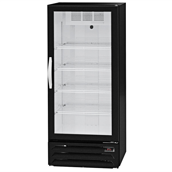 A black Beverage-Air merchandising refrigerator with glass doors.