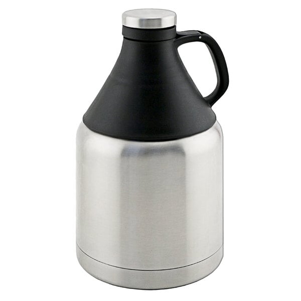A stainless steel Franmara beer growler with a black handle.