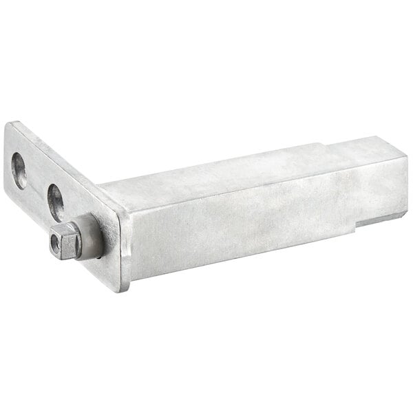 A stainless steel self-closing refrigerator door hinge with holes in a rectangular metal piece.