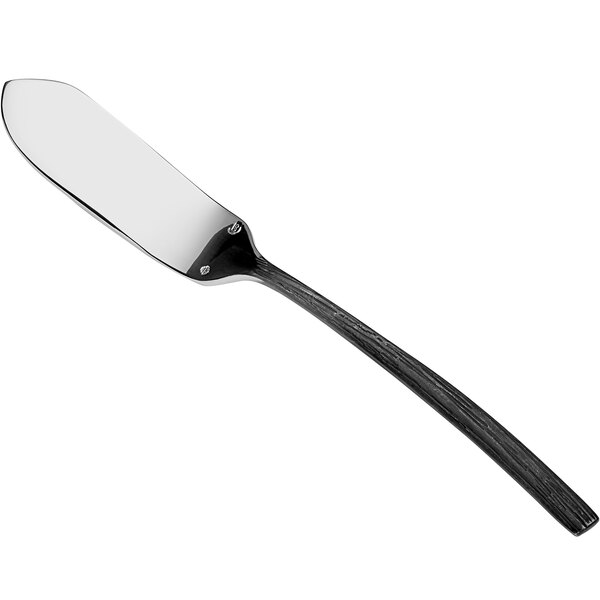 A silver fish knife with a black oak handle.