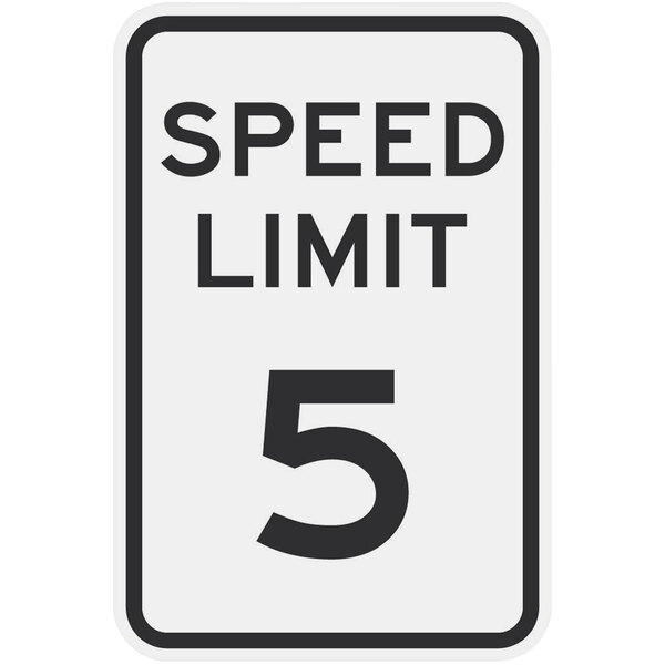 A black speed limit sign with a reflective black number 5 and black text on a white background.