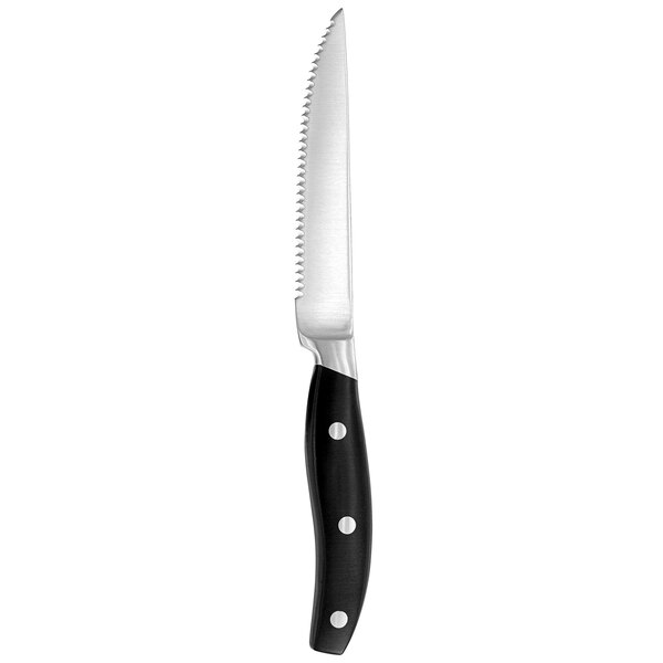 An Arcoroc stainless steel steak knife with a black handle.