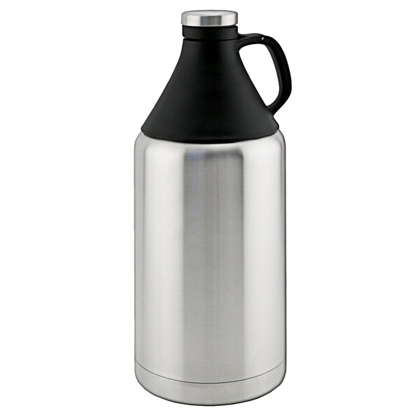 A silver stainless steel Franmara beer growler with a black lid and handle.