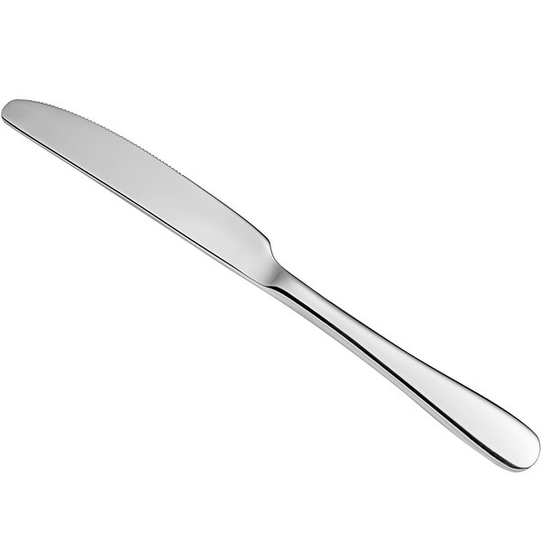 An Arcoroc stainless steel table knife with a white background.