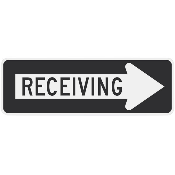 A black and white Lavex Right Arrow "Receiving" sign with a right-pointing arrow.