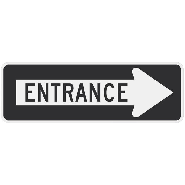 A black and white rectangular sign with a white arrow pointing to the right and the word "Entrance" in black text.