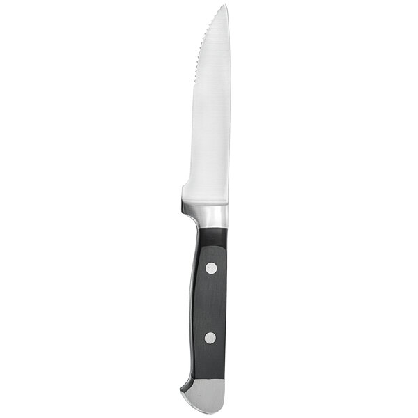 An Arcoroc Chelsea steak knife with a black handle and silver blade.