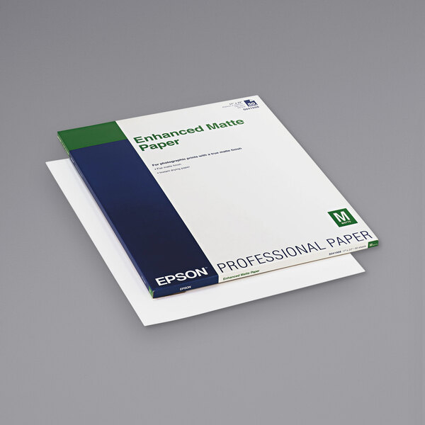 A white package of 50 Epson Ultra Premium Matte Presentation Paper sheets.