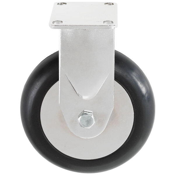 A Metro Super Erecta Polyurethane Rigid Plate Caster with a black and silver wheel attached to a metal plate.