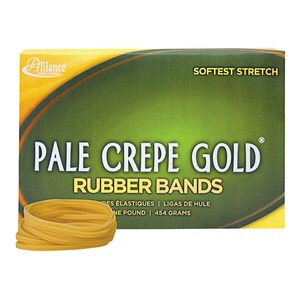 A box of Alliance Pale Crepe Gold rubber bands.