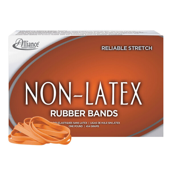 A white box of Alliance orange non-latex rubber bands.