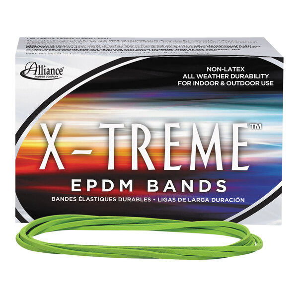 A box of Alliance lime green EPDM rubber bands with text on it.