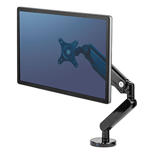A black Fellowes single monitor arm holding a black computer monitor.
