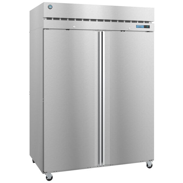 A silver Hoshizaki reach-in freezer with two stainless steel doors.