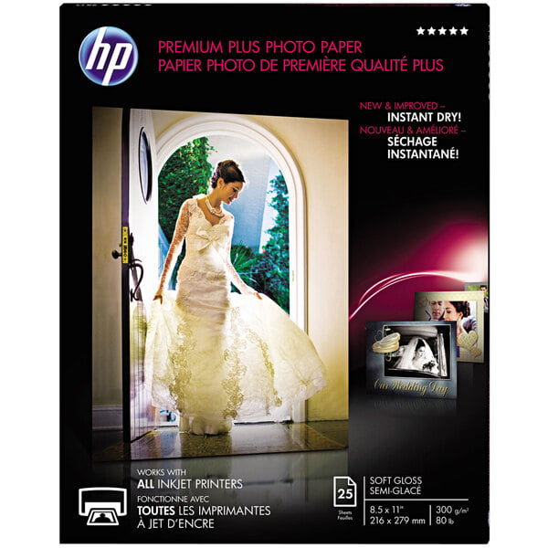 A package of HP Premium Plus glossy photo paper with a white background and a photo of a woman in a white dress.