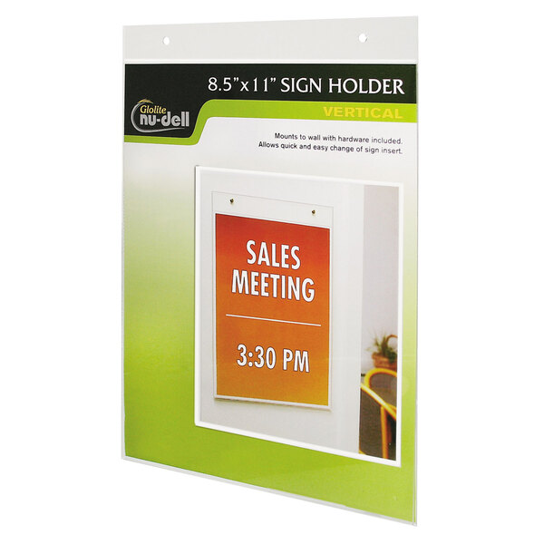 A NuDell clear wall mount plastic sign holder with a picture of a sales person.