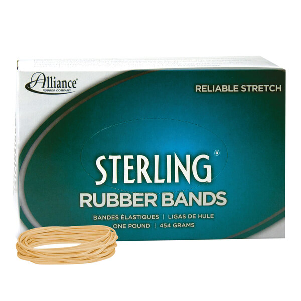 A box of Alliance Sterling rubber bands with white text on a blue background.