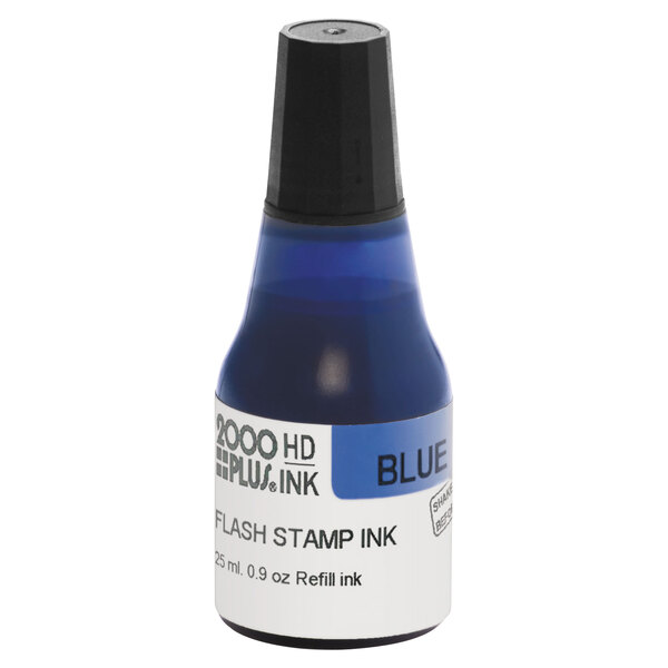 A blue bottle of Cosco High Definition Blue Ink Stamp Refill with a black cap.