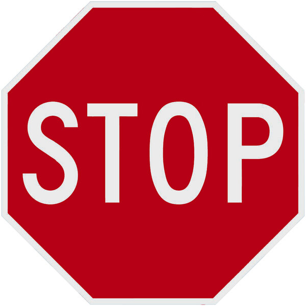A red and white reflective aluminum sign that says "Stop" with white writing.