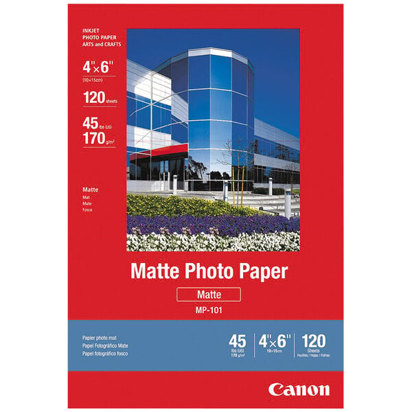 Canon matte photo paper packaging with a white background and red and blue accents.