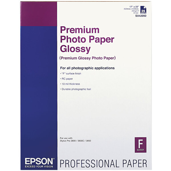 A pack of white Epson Premium Photo Paper with purple and blue labeling.