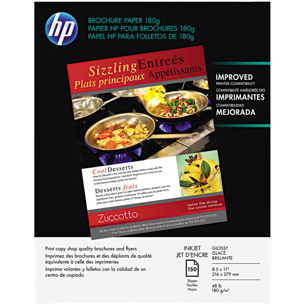 The packaging for HP Inc. Bright White Brochure Paper on a white background.