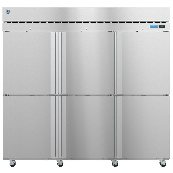 A silver Hoshizaki reach-in freezer with stainless steel half solid doors.