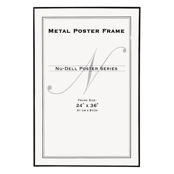 A white rectangular poster in a black metal NuDell poster frame with black text.