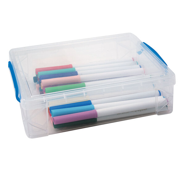 A clear plastic container with markers in it.