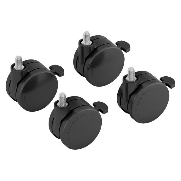 A group of four black HON adjustable height casters with metal nuts.