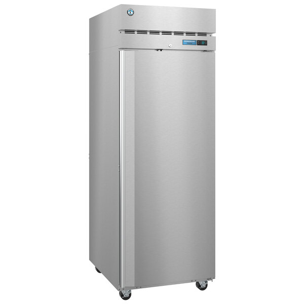 A stainless steel Hoshizaki reach-in freezer with a solid door.