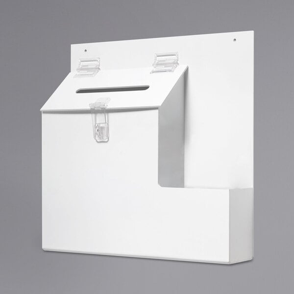 A white plastic Deflecto suggestion box with clear plastic holders.