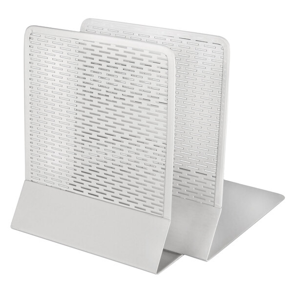 A pair of white metal punched metal bookends with a mesh pattern.