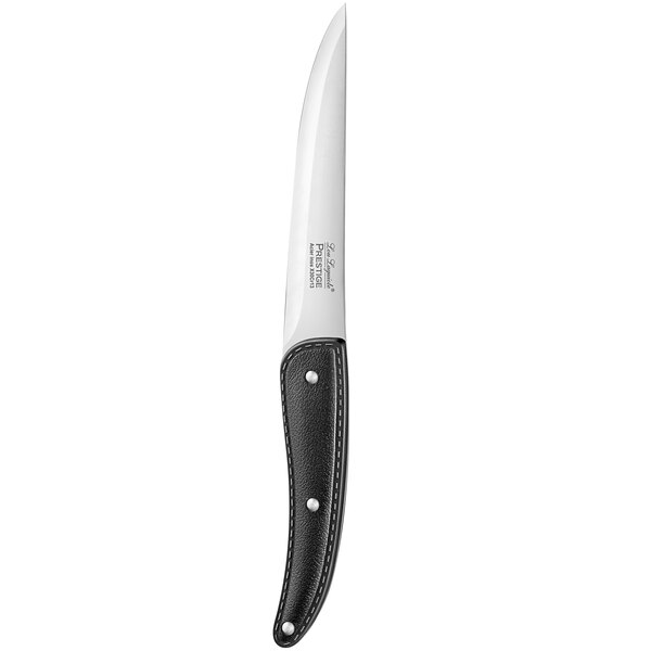 A Lou Laguiole steak knife with a black handle and white blade.