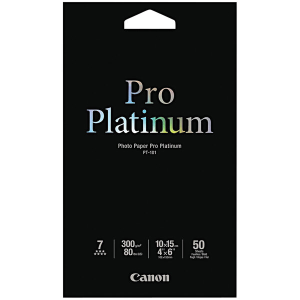 A black package of Canon Pro Platinum photo paper with silver text.