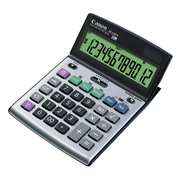 A Canon 12-digit desktop calculator with a display.